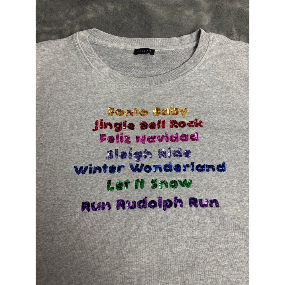 Talbots Women's Gray Sequin Christmas Holiday Song Graphic Sweatshirt Tacky